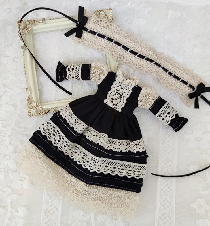 Blythe Doll Clothes – Wine Red & White Princess Dress with Lace for YMY, Licca, Azone OB24/OB27 Dolls