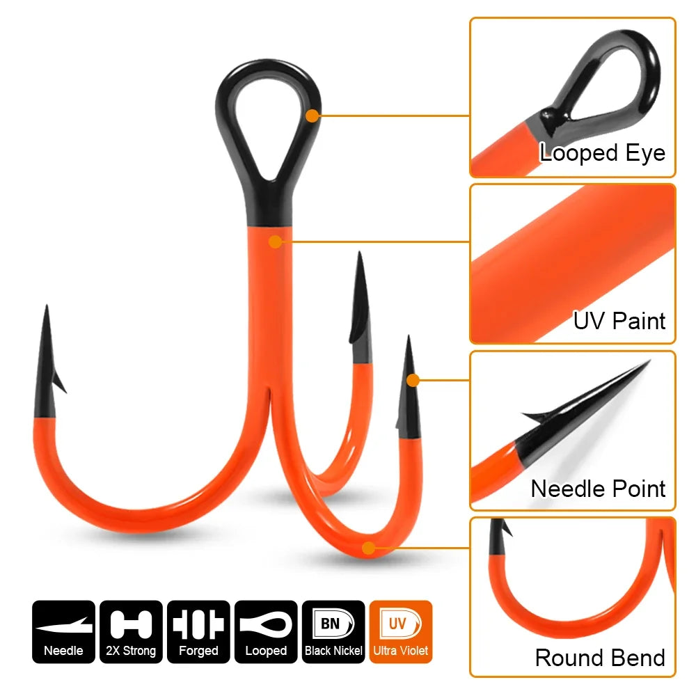Spinpoler Flame Treble Fishing Hook – UV-Active Violet Paint, 2X Strong Hi-Carbon Steel for Soft Bait & Swimbait Tackle, #1, #1/0, #2/0