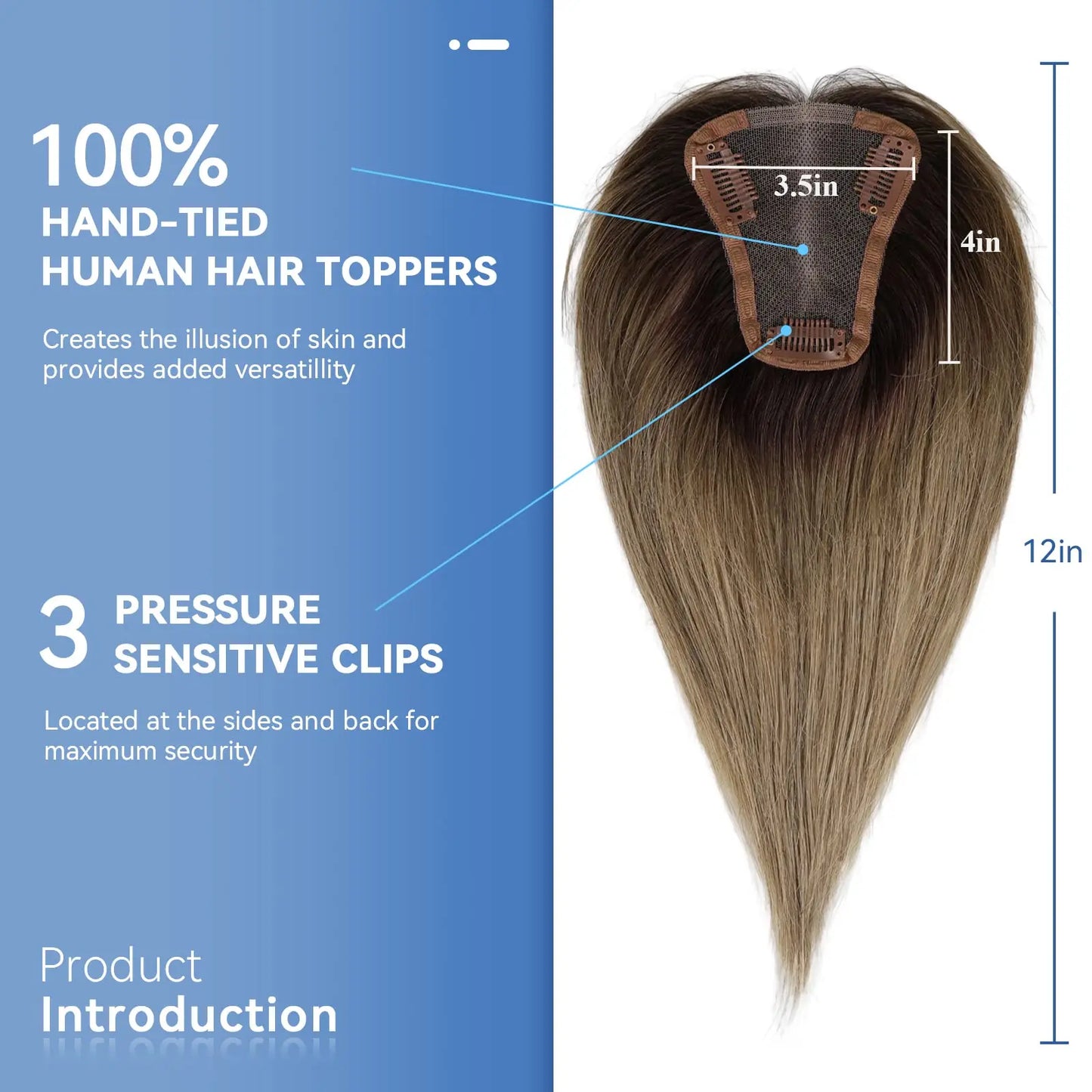 Ombre Blonde Brown 100% Remy Human Hair Topper – Silk Base Clip-In Extension for Women with Hair Loss, 12 Inch