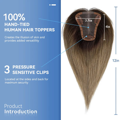 Ombre Blonde Brown 100% Remy Human Hair Topper – Silk Base Clip-In Extension for Women with Hair Loss, 12 Inch