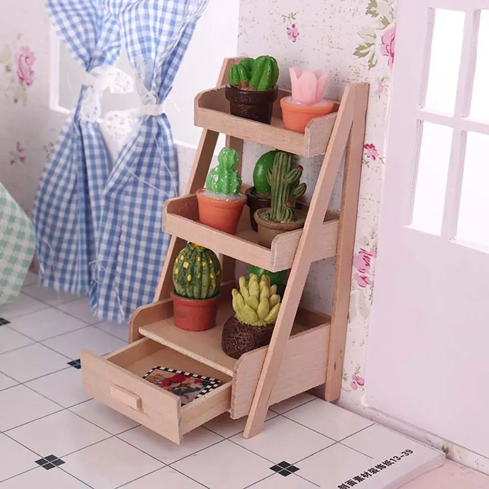 1:12 Scale Dollhouse Furniture - Miniature Teatable, Wood Stool, Flower Rack - Dolls Accessories & Photography Props