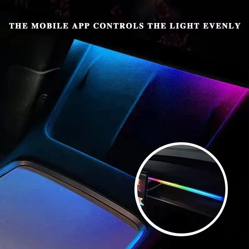 2-in-1 Dynamic Neon RGB Car LED Ambient Lighting – Auto OFF 60s Module for Tesla Model 3 & Y Dashboard Decoration