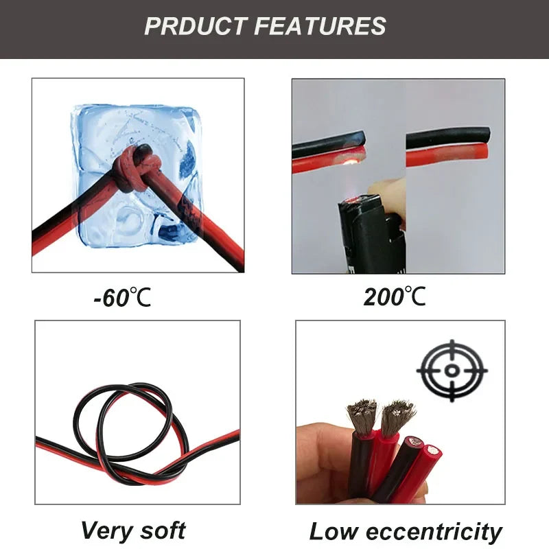 Super Soft Silicone Tinned Copper Wire - High Temperature 2-Pin Red & Black Cable (8AWG-28AWG)