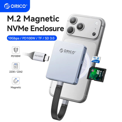 ORICO Magnetic M.2 NVMe SSD Enclosure – 2230/2242 USB-C 4K ProRes iPhone Dock with SD/TF Reader & 100W PD Charging