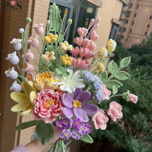Handmade Crochet Flower Bouquet – Peony, Tulip & Rose Artificial Flowers for Wedding, Home Decor & Gift