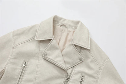 RARF 2024 Women's Washed Leather Jacket – Coal Gray Short Coat with Belt, Vintage Lapel & Zipper