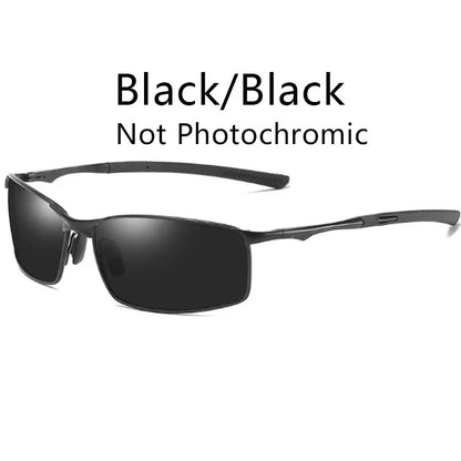 Photochromic Men’s Polarized Sunglasses – Metal Square Frame, UV400 Driving & Outdoor Sports Cycling Glasses