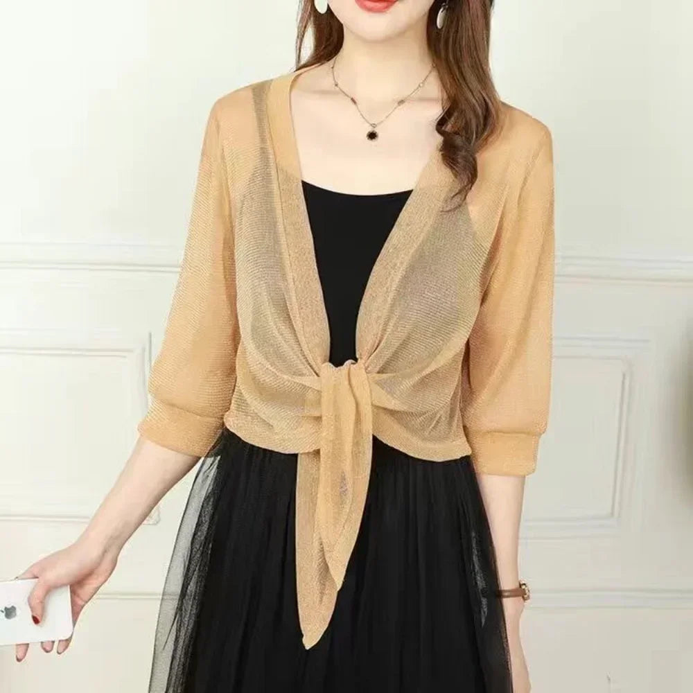 Sheer Glitter Lace-up Cardigan: Women's Half Sleeve Lightweight Summer Jacket - See-Through Loose Blouse