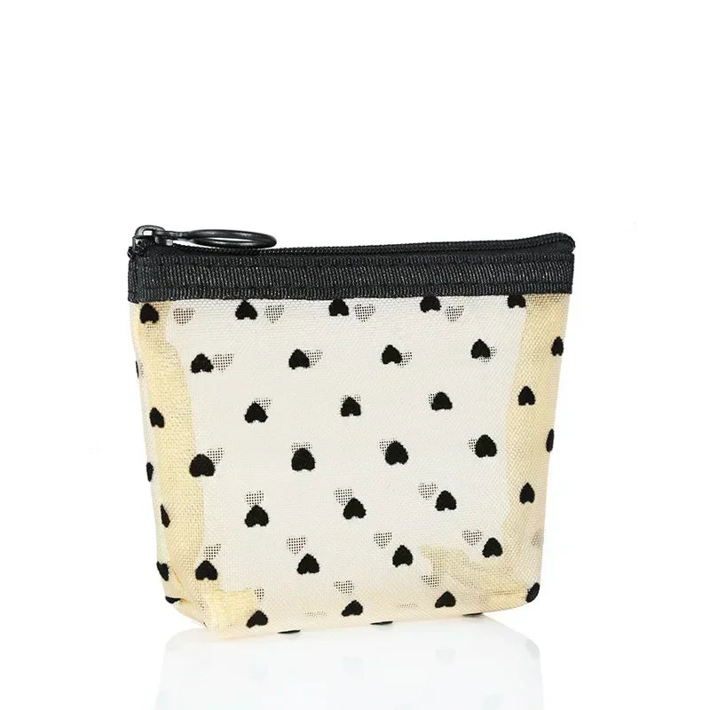 Nylon Mesh Heart-Shaped Cosmetic Bag — Zipper Toiletry & Makeup Organizer Pouch for Women, Multifunctional Lipstick, Key, and Coin Purse