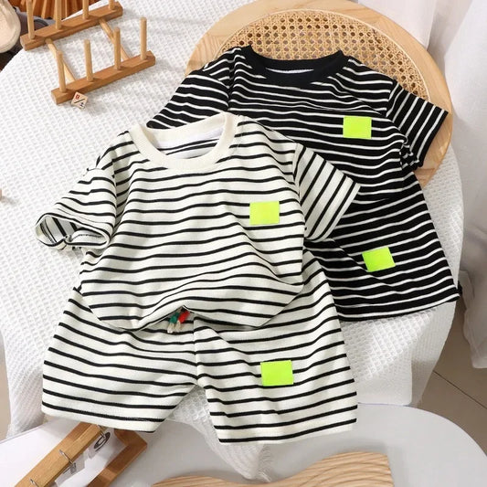 2PCS Kids Summer Outfit – Cotton Short Sleeve Tee & Shorts Set for Boys, Black & White Stripe