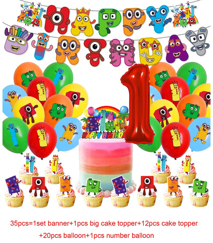 Number Birthday Building Blocks Party Decorations Set – Tablecloth, Banner, Balloons & Cake Topper for Kids & Baby Shower Supplies