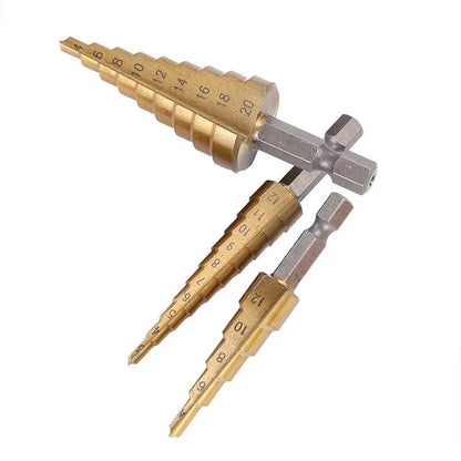 3Pcs Titanium Coated Step Drill Bit Set: 3-12mm, 4-12mm, 4-20mm HSS Pagoda Step Drill with Hex Shank - for Wood and Metal Hole Drilling