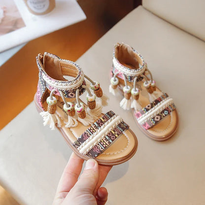 Girls Tassel Gladiator Sandals - Retro Ethnic Summer Shoes with Back Zipper for Kids