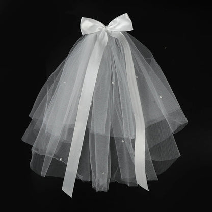 White Tulle Bow Veil Hairpin with Pearls – Elegant Bridal & Bachelorette Hair Clip for Weddings, Parties, and Gifts
