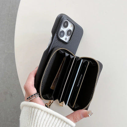 Luxury Litchi PU Leather iPhone Case – Card Holder Lanyard Wallet Cover for iPhone 11 to 15 Pro Max 📱✨