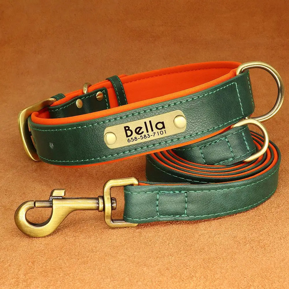 Customized Leather Dog Collar & Leash Set – Soft Padded Adjustable Collar for Small, Medium & Large Dogs with Engraved Nameplate