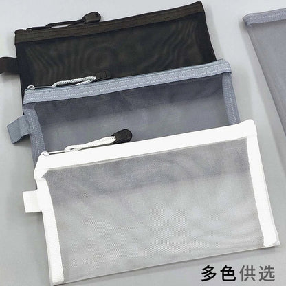 Large Transparent Mesh Pencil Case — Nylon Zip Storage Bag for School & Office Supplies