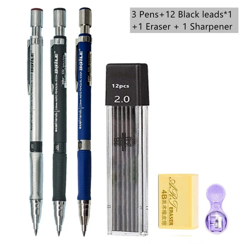 2.0mm Mechanical Pencil Set with 2B Black & Color Lead Refills – Automatic Pencil for Sketching, Drawing & Writing