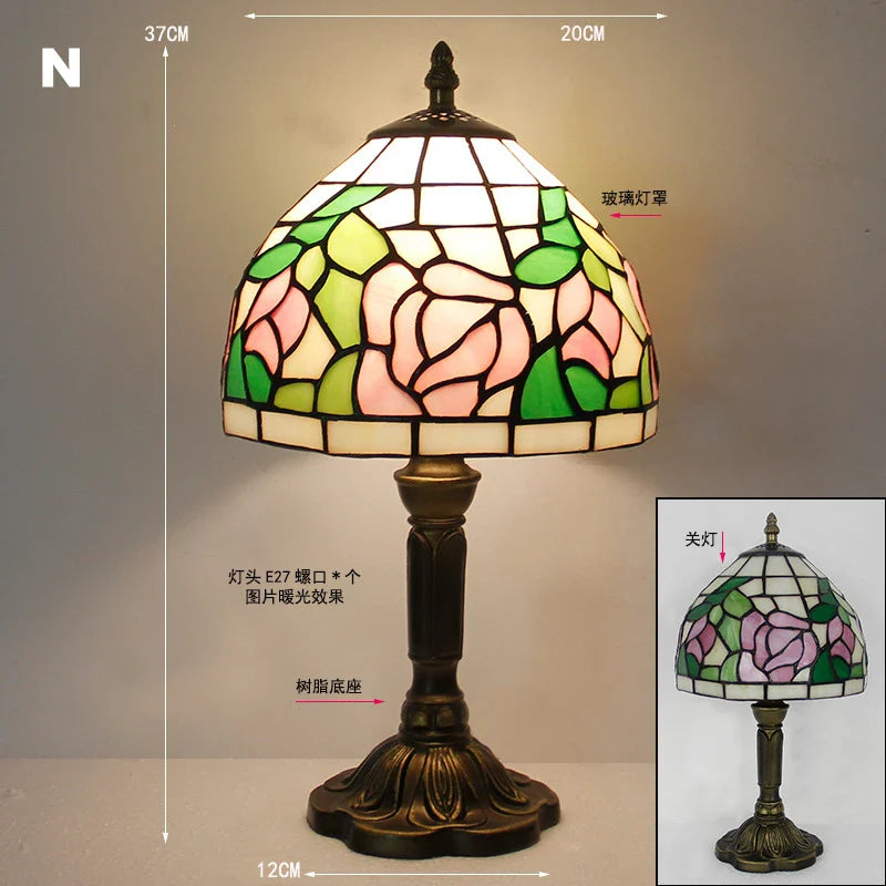 Retro Stained Glass Table Lamp – Colorful E27 Art Lampshade, Mediterranean Baroque Style Bedside Bedroom Décor Light