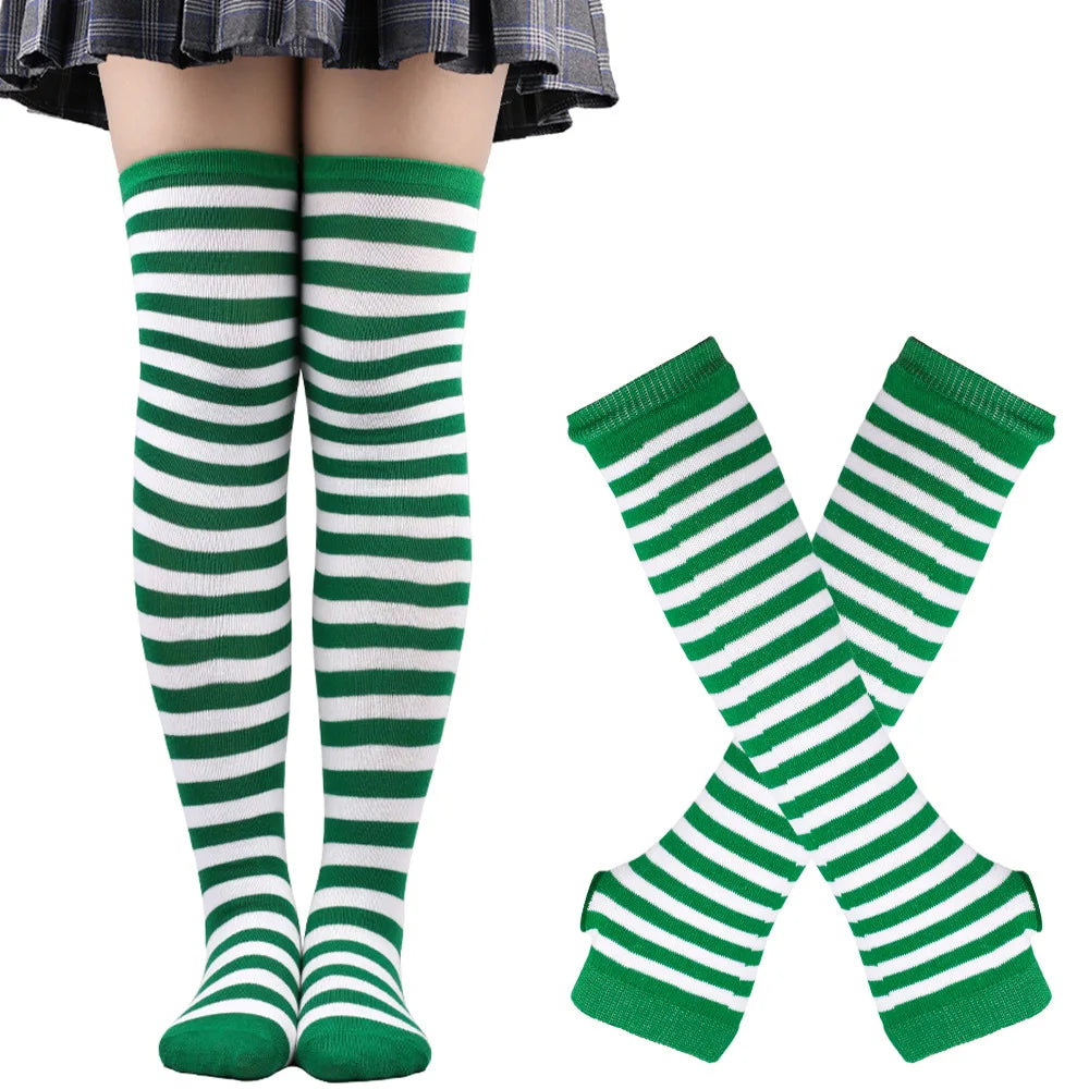 Women & Girls Over Knee Long Stripe Printed Thigh High Cotton Socks – Cute Plus Size Arm Sleeve Gloves & Overknee Socks