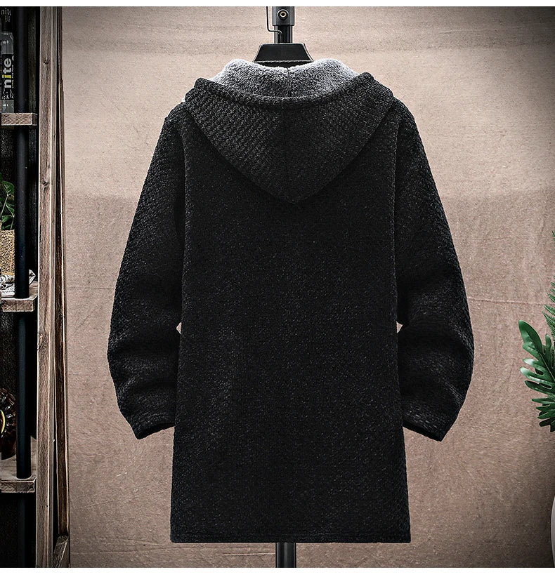 Men's Cashmere Hooded Cardigan Coat – Warm Fleece Long Sweater Jacket for Autumn Winter