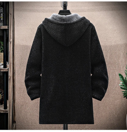 Men's Cashmere Hooded Cardigan Coat – Warm Fleece Long Sweater Jacket for Autumn Winter