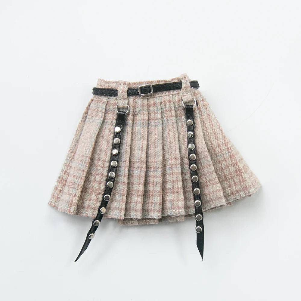 Blythe Doll Clothes Plaid Pleated Skirt & Off-Shoulder Top Tulle Dress Set — Ruffle Skirt for Licca, Azone, OB22, YMY Doll Accessories