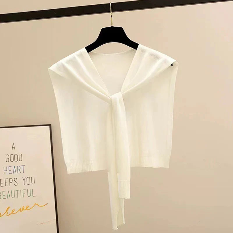 Striped Knitted Shawl Scarf – Warm Winter Cape with Fake Collar for Women