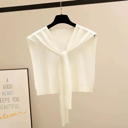 Striped Knitted Shawl Scarf – Warm Winter Cape with Fake Collar for Women