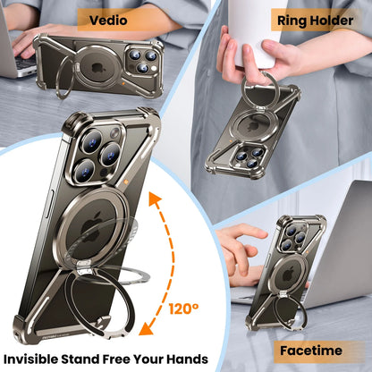 Oatsbasf Z Shape Metal Phone Case for iPhone 15/16 Pro Max – Shockproof Cover with 360° Rotating Holder & Bumper Protection