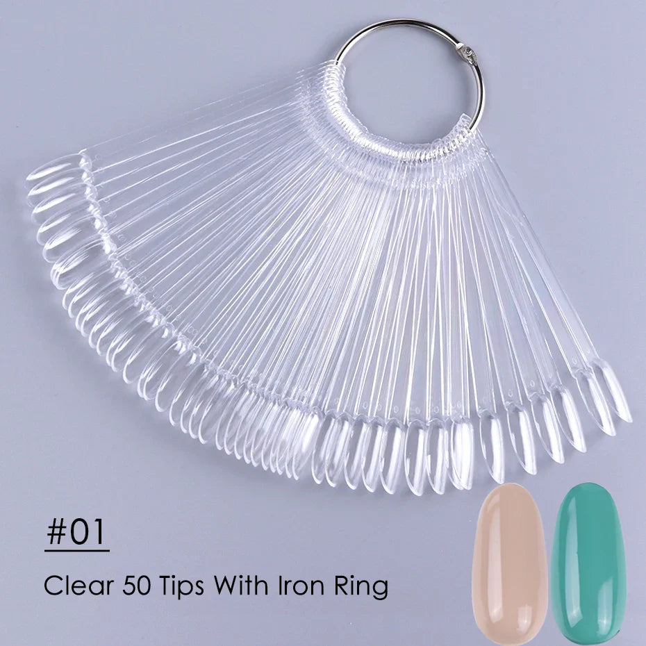 50pcs Oval Fan Style False Nail Display Tips - Clear Nature Color Chart for UV Gel Polish Swatch - Manicure Practice Tools
