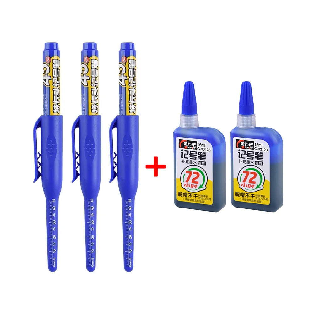 45mm Deep Hole Marker Pen - Waterproof Long Nib Carpenter Pen for Woodworking, Black/Blue/Red Ink