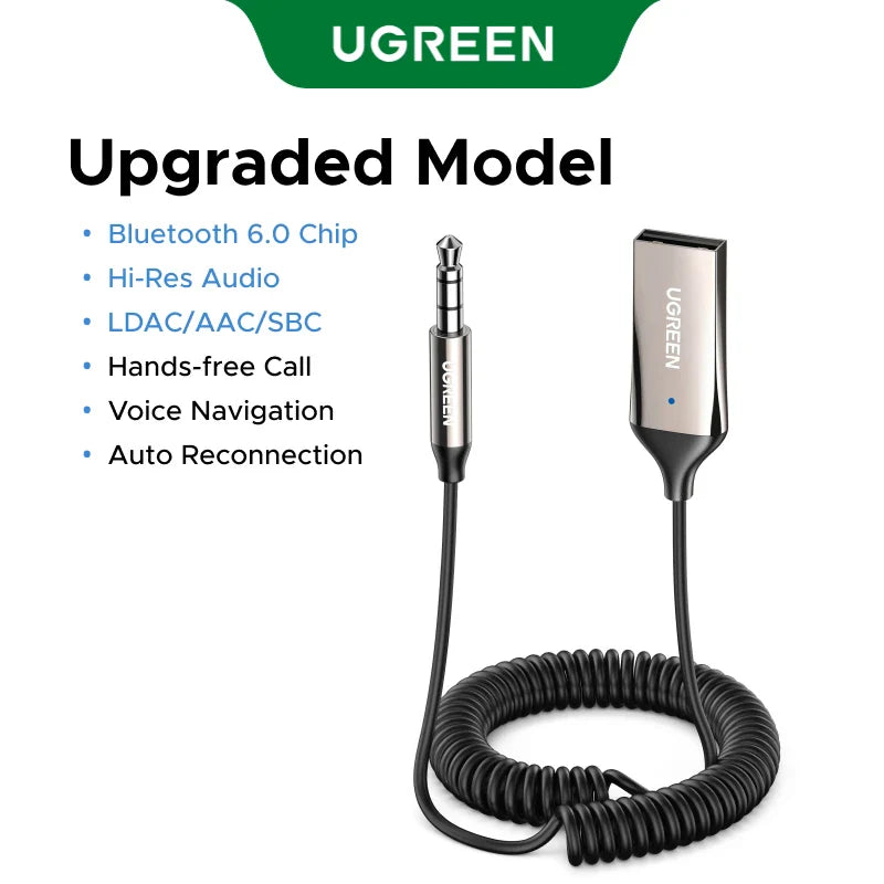 UGREEN Bluetooth 6.0/5.4 AUX Adapter – 3.5mm Handsfree Car Receiver with Mic for Music, Navigation & Wireless Call Streaming