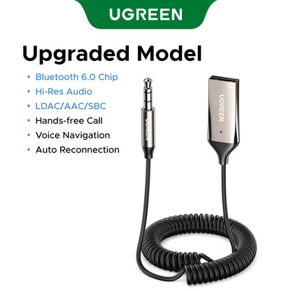 UGREEN Bluetooth 6.0/5.4 AUX Adapter – 3.5mm Handsfree Car Receiver with Mic for Music, Navigation & Wireless Call Streaming