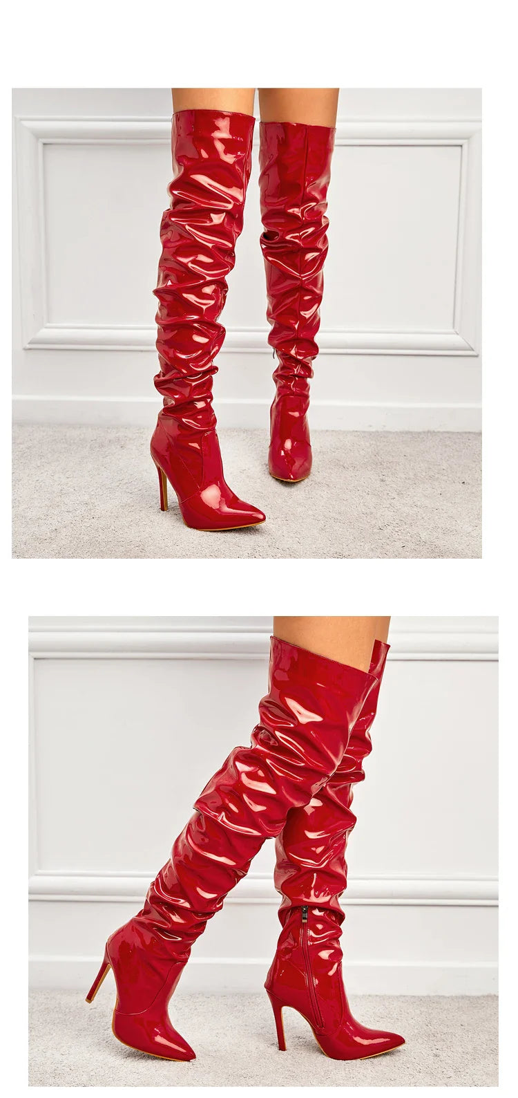 Eilyken Red Over-the-Knee Stiletto Boots for Women – Patent Leather Pointed Toe High Heel Zip-Up Shoes