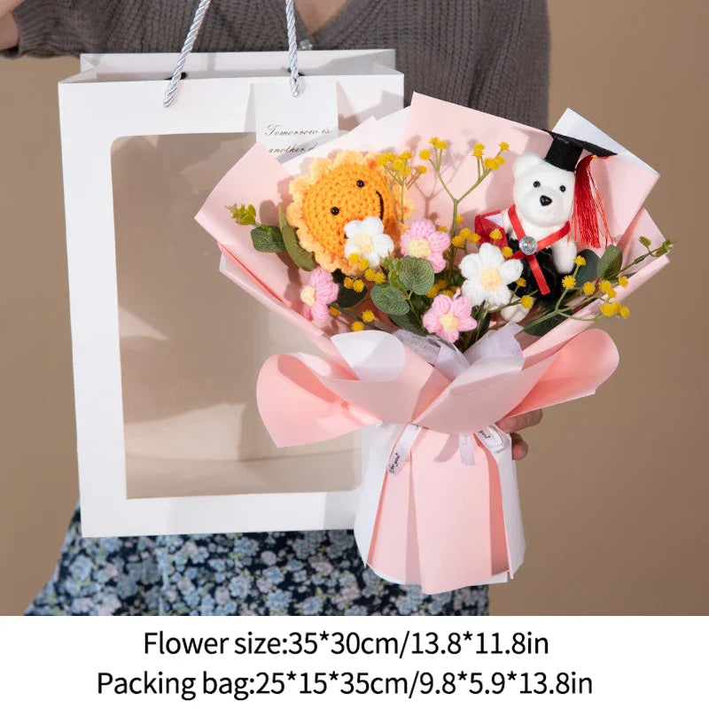DIY Simulated Flower Bouquet – Crochet Sunflower Finished Product, Graduation, Doctoral, Valentine’s Day & Birthday Gift with Bear