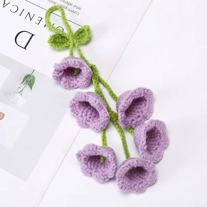 Handmade Crochet Bell Orchid in Pot – Knitted Artificial Flower with Light for Desktop & Easter 2025 Decor