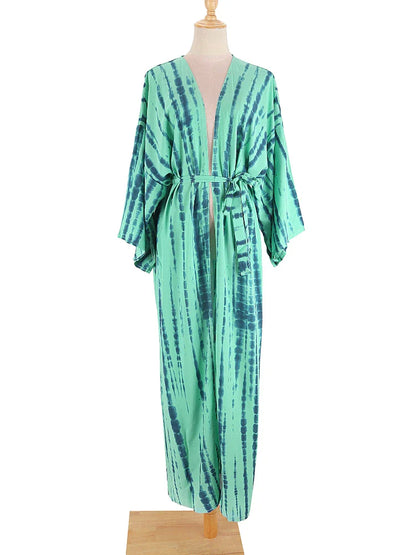 Tie-Dye Bikini Cover Up Kimono – Bohemian Beach Swimsuit Cape Pareo Dress with Belted Wrap Style Summer Swimwear Cover-Up