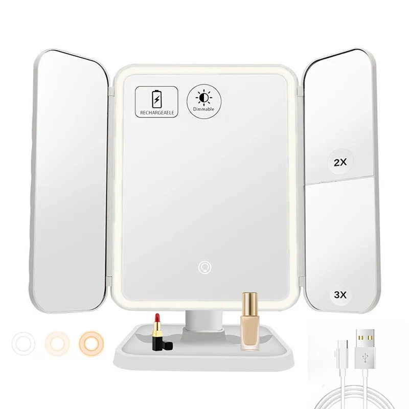 Trifold LED Makeup Mirror – Smart Light-Up Dressing Mirror with Adjustable Fill Light for Beauty & Dorm Use