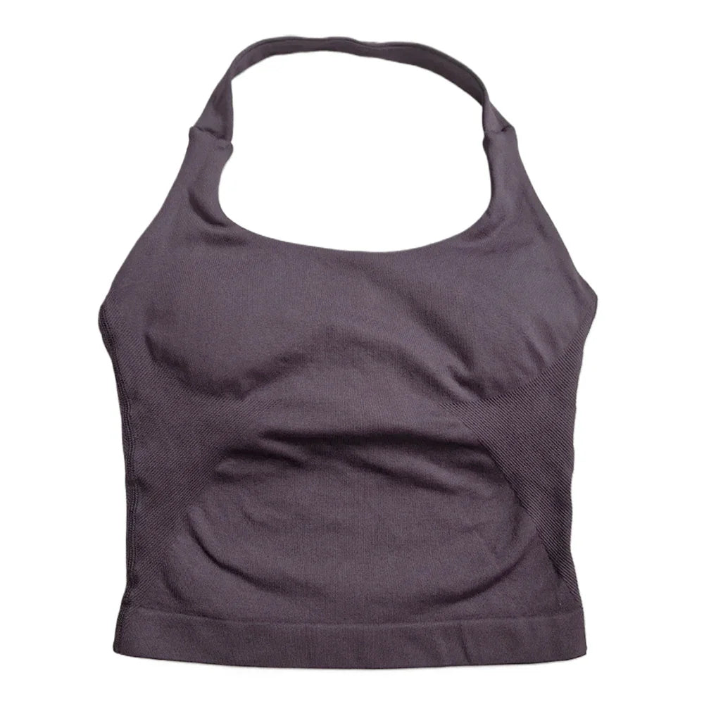 Women’s Strappy Gym Tank Top – Padded Sports Bra Backless Seamless Yoga Crop Top Halter Fitness Vest Activewear