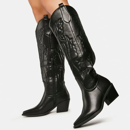 Women’s Knee-High Cowboy Boots – Vintage Black & White Western Zip-Up Shoes, Winter Large Size 43 In Stock