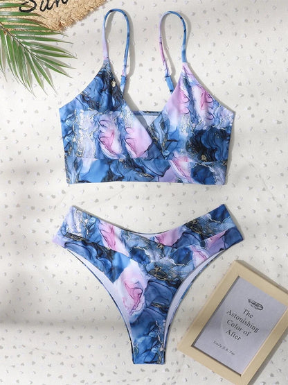 Women’s Marble Print Bandeau Bikini Set - Push Up High Waist Sport Swimsuit Beachwear