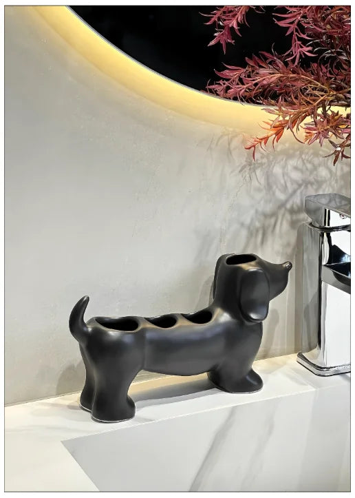 Dachshund Ceramic Toothbrush Holder – Electric Toothbrush Storage Rack and Bathroom Sink Organizer with Toothpaste Holder