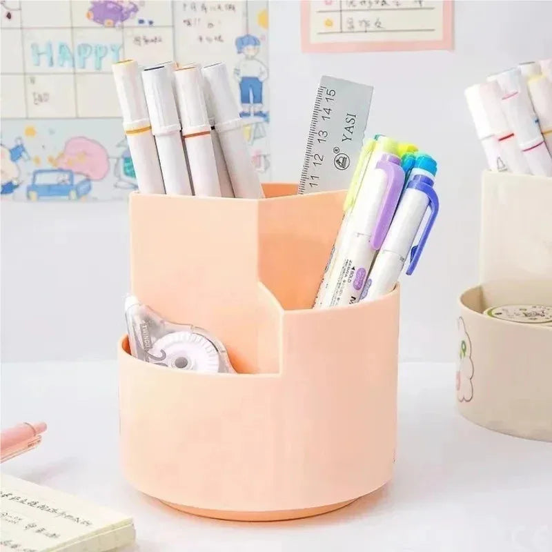 Rotating Pen Holder Organizer - 3 Slot Desktop Stationery & Makeup Brush Storage Box for Office and School
