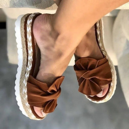 Women's Bowknot Woven Wedge Sandals - Comfortable Non-Slip Summer Beach Shoes