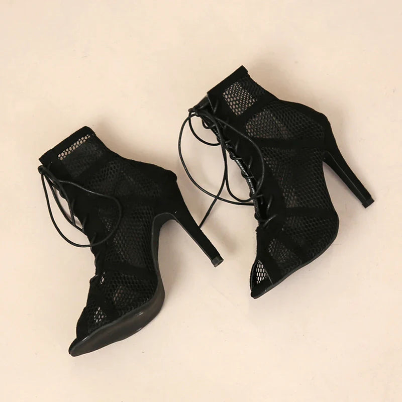 Sexy High Heel Mesh Sandals – Women's Summer Peep Toe, Cross-Tied Ankle Strap Dance Shoes, Black Hollow Design