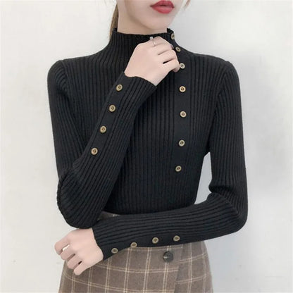 2023 Women's Autumn Knitted Slim Sweater - Solid Cotton Turtleneck with Full Sleeves and Button Detail - Soft Elastic Pullover