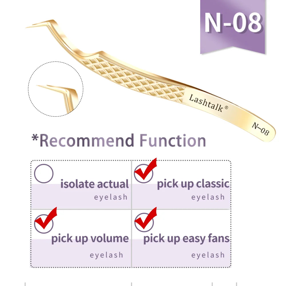 Lashtalk Precision Fiber Tip Tweezer - Diamond Grip Anti-Slip Gold Stainless Steel for Eyelash Extensions Makeup by Nagaraku