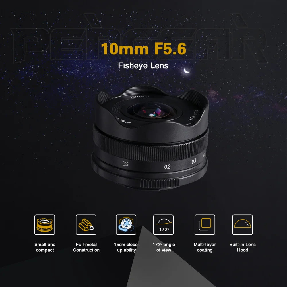 PERGEAR 10mm F5.6 APS-C Fisheye Manual Focus Prime Lens — Ultra-Wide for Fuji XF, M43, Sony E, Canon EOS M Mirrorless Cameras