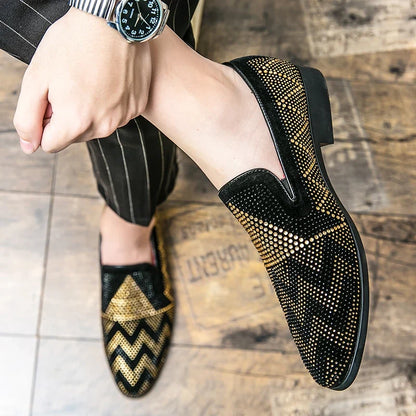 Men's Pointed Toe Embroidered Dress Shoes - Rhinestone Flat Wedding, Prom & Formal Shoes